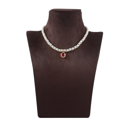 Red white Czs pendant with Pearls Necklace set polished in yellow gold