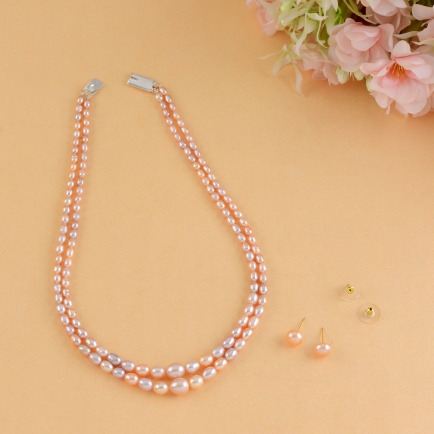 Two Line Pearl Necklace and Stud