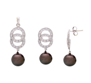 Pearl & Diamond Double Loop Earrings & Pendant