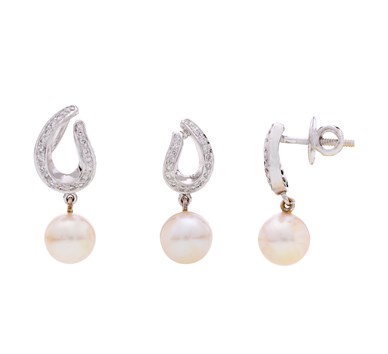 Pearl & Diamond Hanging Moon Faces Earrings & Pendant