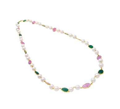 Pearl, Ruby & Emerald Pebble Necklace