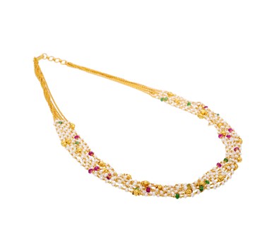 Multi-Strand Ruby, Emerald and Pearl Mini-Beads Necklace