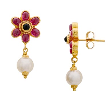 Pearl & Ruby Flower Shaped Hanging Pearl Earrings